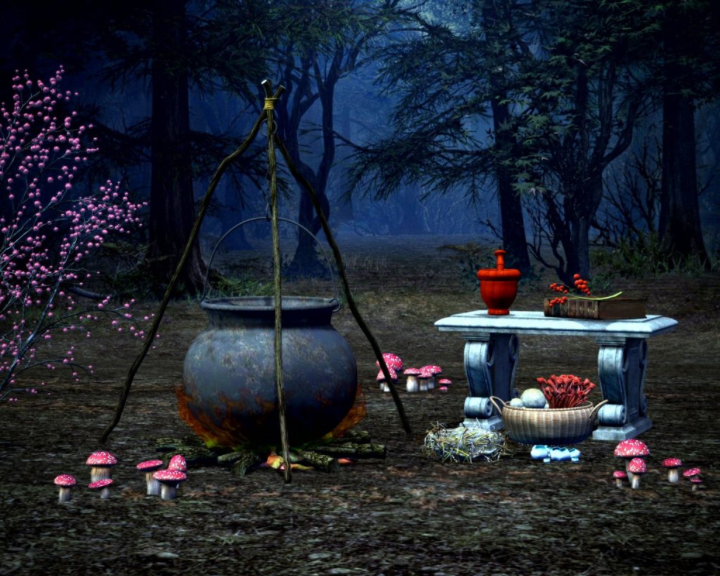 immagine di pozione magica e calderone nel bosco illustrativa delle leggende del vallo di diano