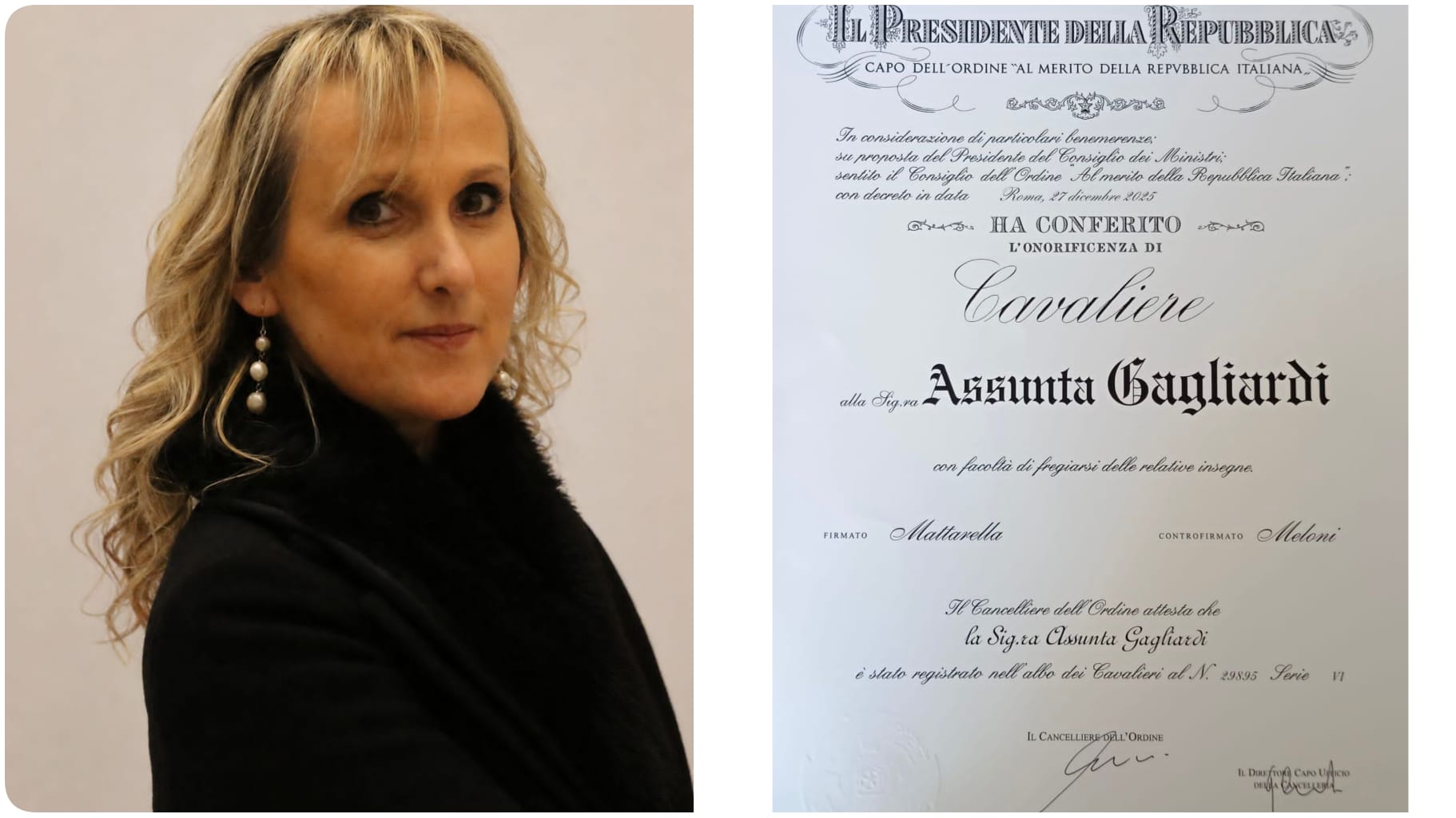 Assunta Gagliardi nominata Cavaliere della Repubblica: un riconoscimento che unisce Pertosa e il Vallo di Diano